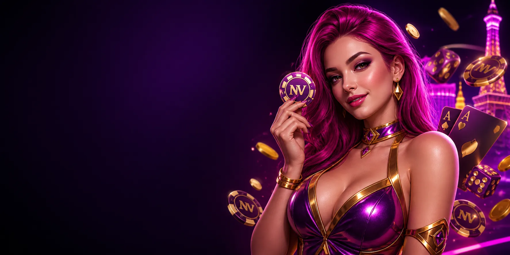 High-resolution promotional image featuring a glamorous 3D casino hostess with neon lighting and NV brand elements on the rig