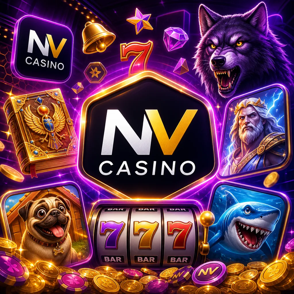NV Casino logo with purple-magenta neon and gold accents, surrounded by slot-card visuals on a square promo image