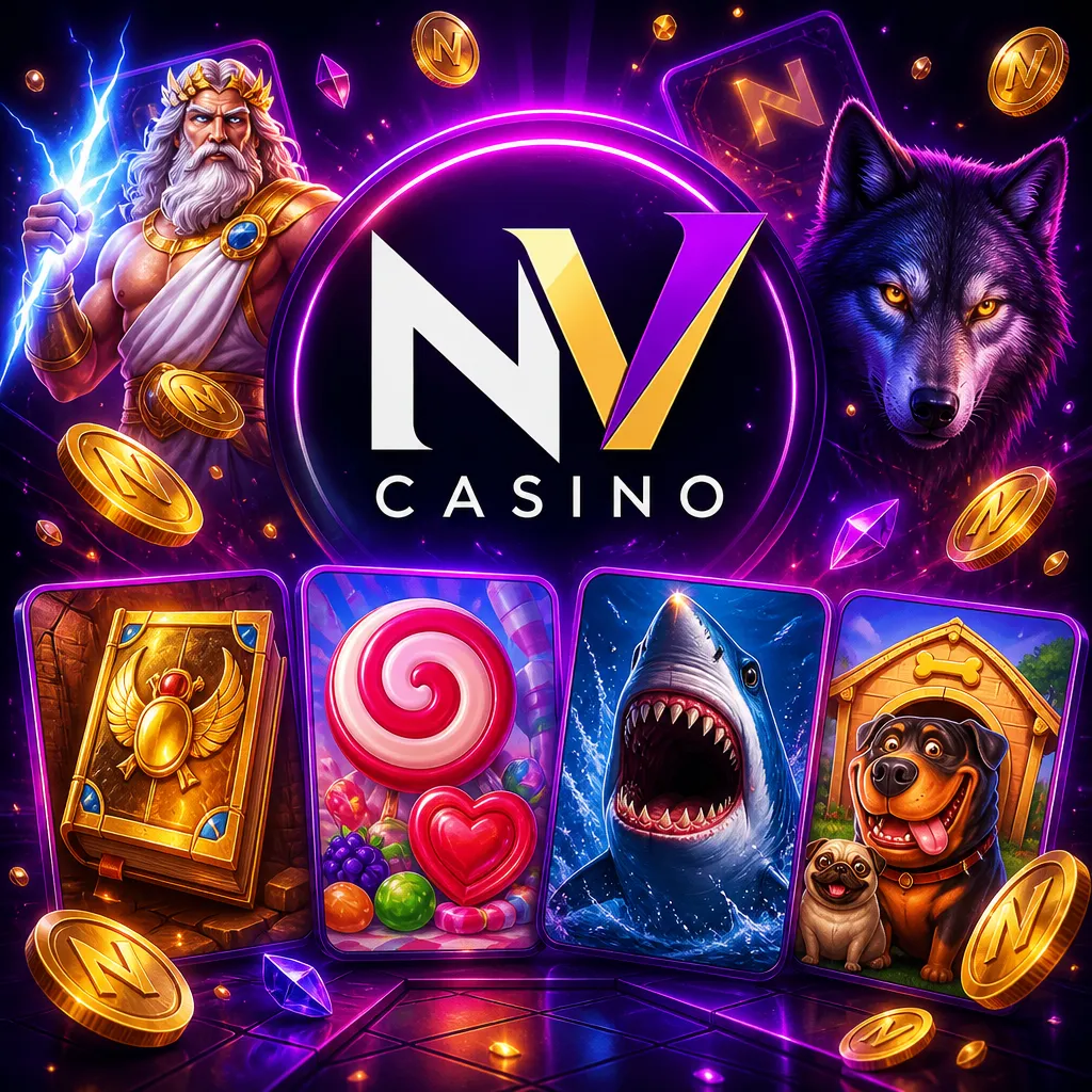 NV Casino promo image featuring official logo, purple-magenta neon, and slot visuals in a premium glow setting.